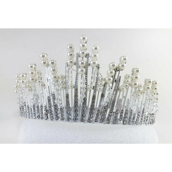 Pearl Bead Clear Silver Tone Metal Tiara Crown Bridal Elegant Rhinestone - Picture 3 of 6